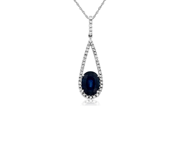 14k White Gold Oval Sapphire and Diamond Teardrop Pendant