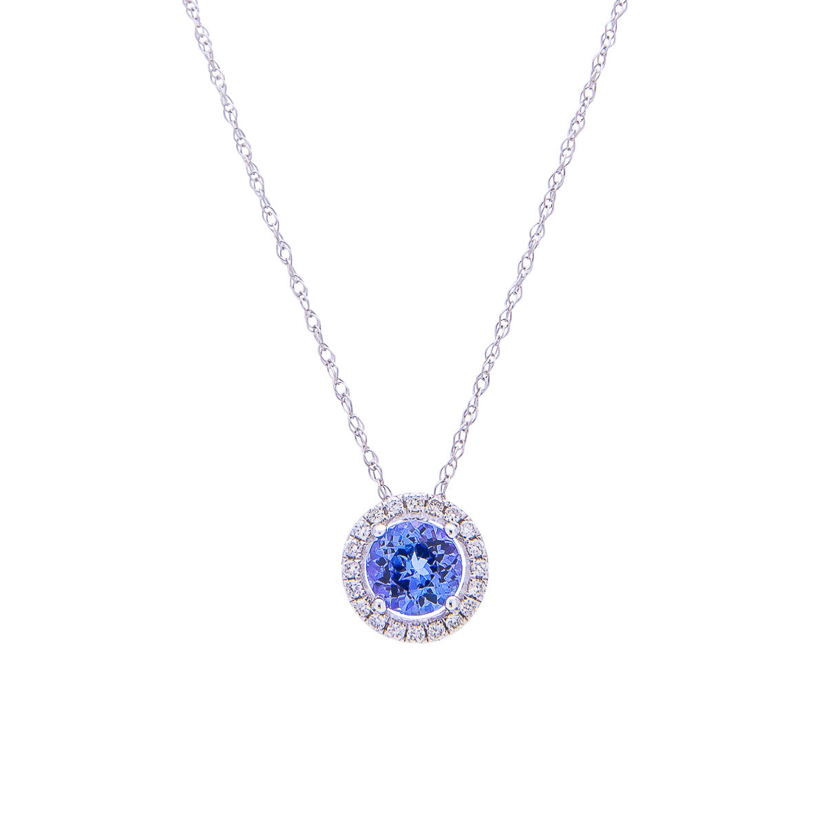Sabel Collection 14K White Gold Round Tanzanite and Diamond Halo Pendant Necklace