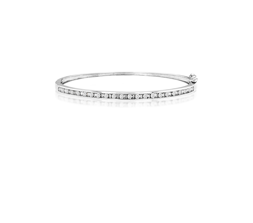 Round and Baguette Diamond Channel Set Bangle in 14k White Gold
