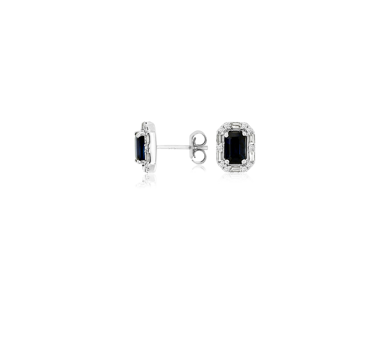 Emerald Cut Sapphire and Diamond Earrings in 14k White Gold