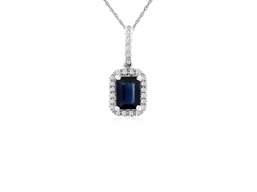 Emerald Cut Sapphire and Diamond Pendant Necklace in 14k White Gold
