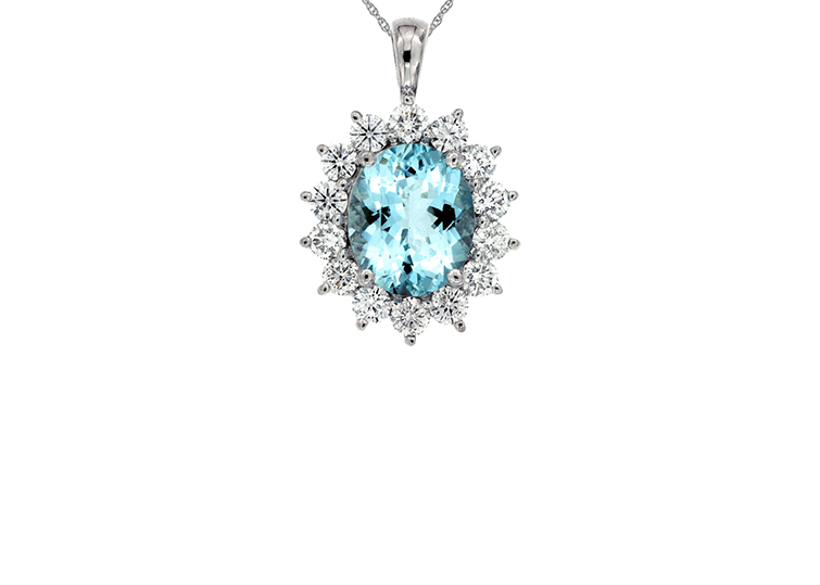 Sabel Collection White Gold Oval Aquamarine and Diamond Halo Necklace