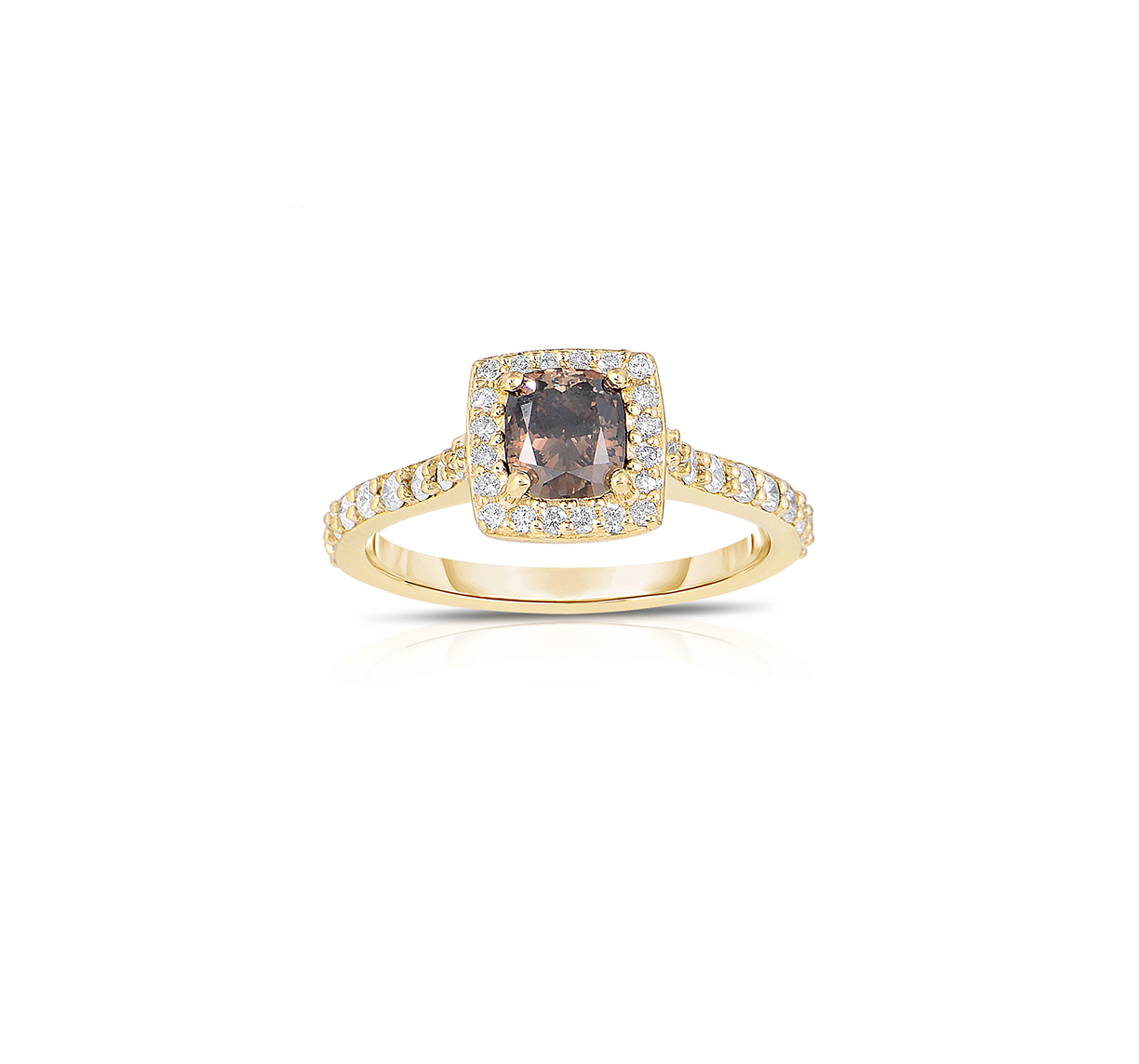 Sabel Collection 14K Yellow Gold Cushion Cut Fancy Diamond Ring with White Diamond Halo and Shank Accents