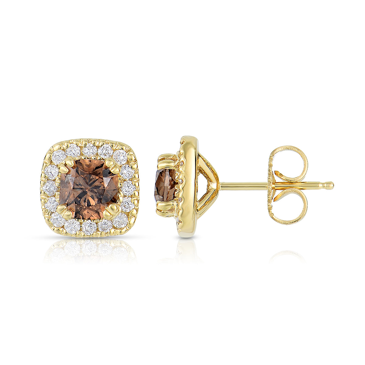 Sabel Collection 14K Yellow Gold Cushion Mocha Diamond Stud Earrings with White Diamond Halo