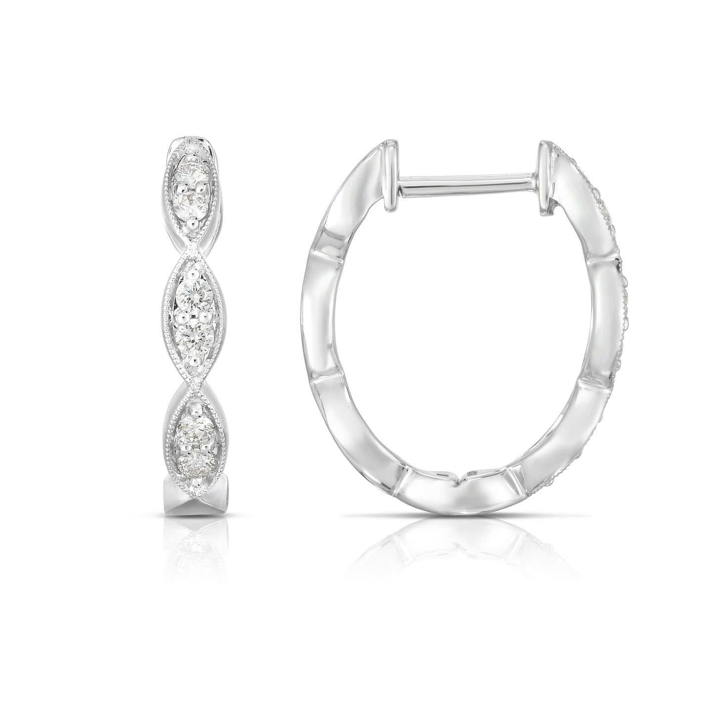 Sabel Collection 14K White Gold Diamond Hoop Earrings with Milgrain Accents