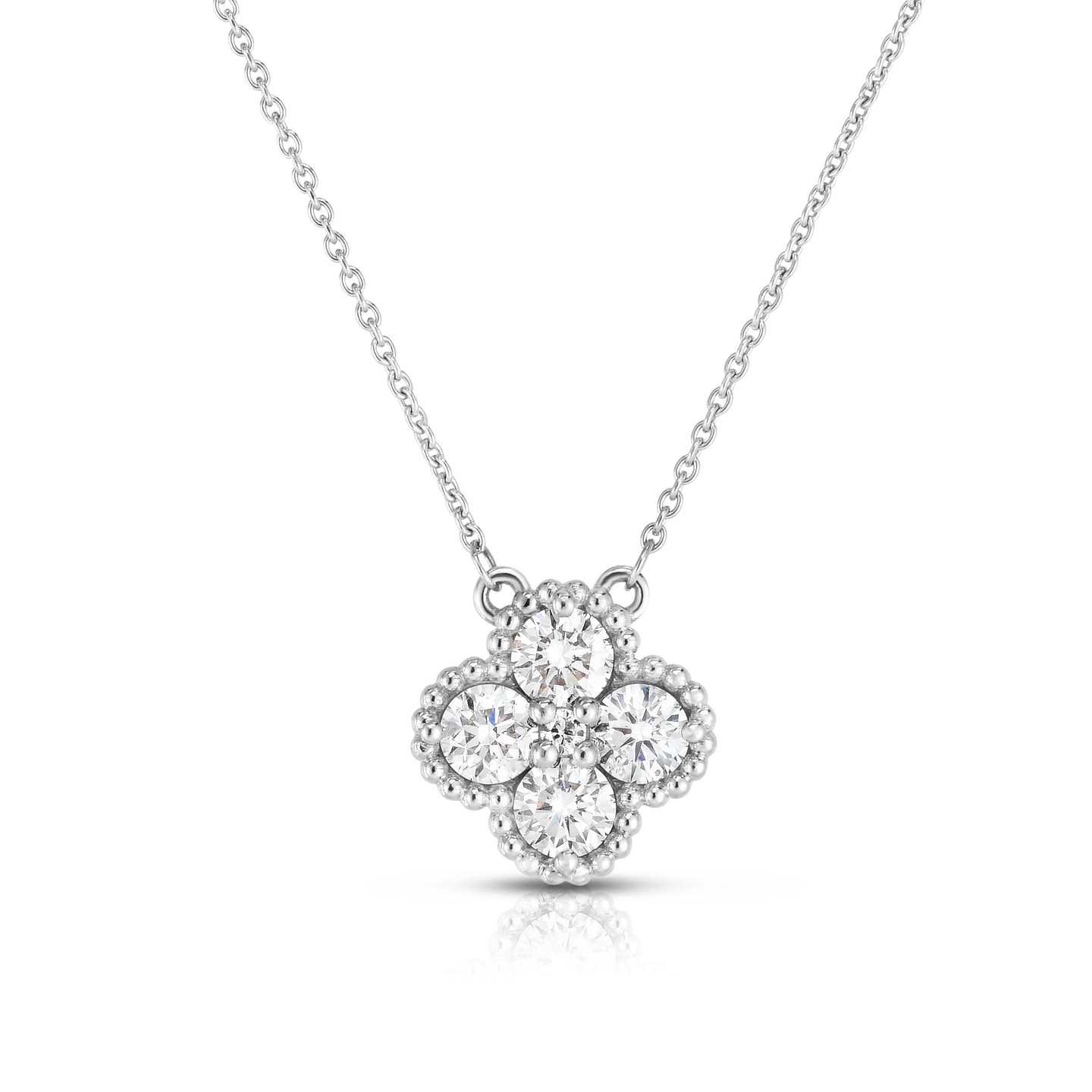 Sabel Collection 14K White Gold Round Diamond Clover Necklace with Milgrain Accents