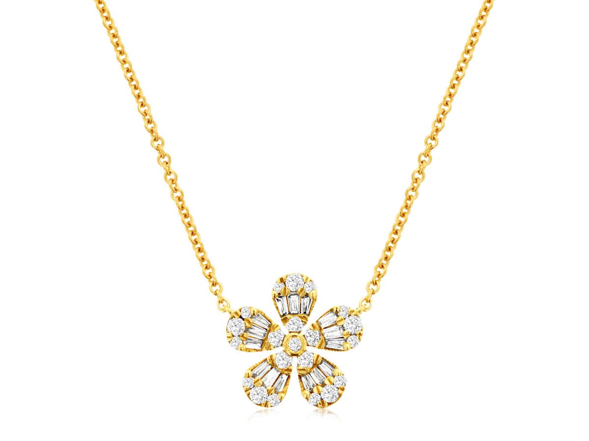 Sabel Collection 14K Yellow Gold Round and Baguette Diamond Floral Design Pendant