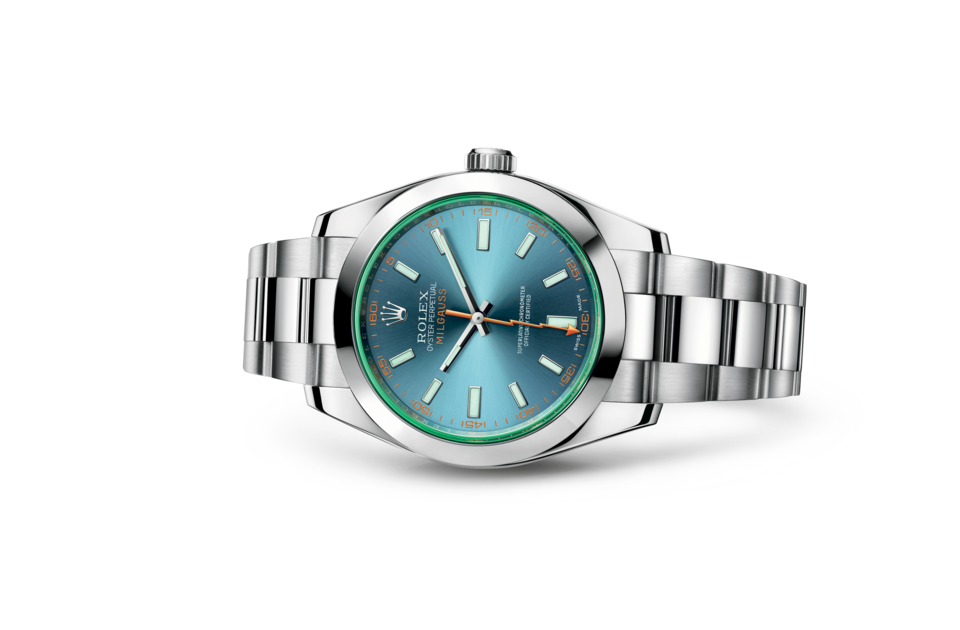 Milgauss Oyster, 40mm, Oystersteel, Z-Blue Dial Laying on Side
