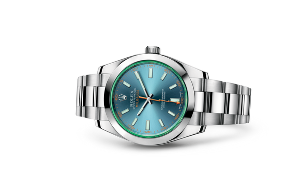 Milgauss Oyster, 40mm, Oystersteel, Z-Blue Dial Laying on Side