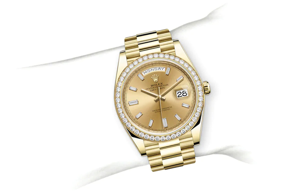 Rolex Day-Date 40 in Yellow Gold and Diamonds - M228348RBR-0002 at Fink's Jewelers