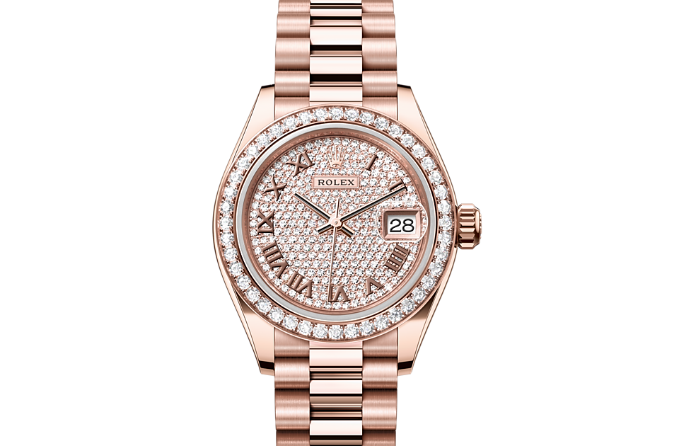 Lady-Datejust, Oyster, 28 mm, Everose gold and diamonds Front Facing