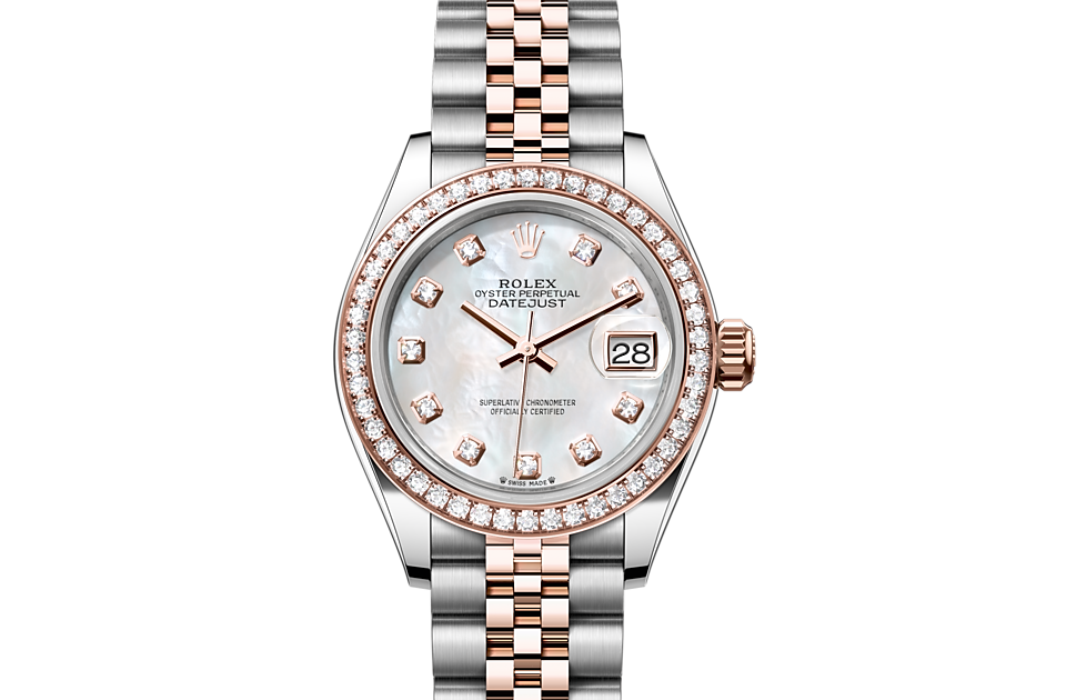 Lady-Datejust, Oyster, 28 mm, Oystersteel, Everose gold and diamonds Front Facing