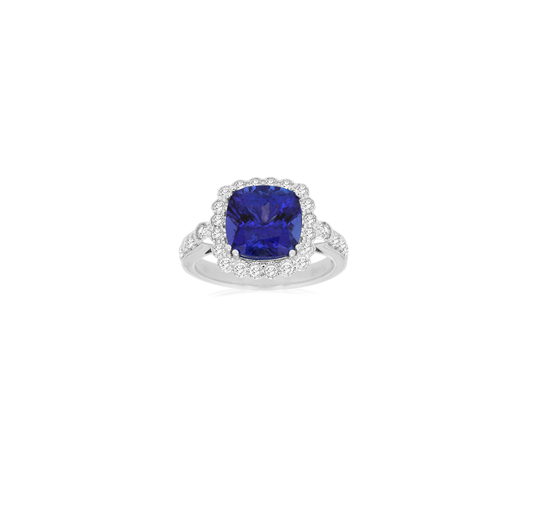 Sabel Collection 14K White Gold Cushion Tanzanite and Diamond Halo Ring