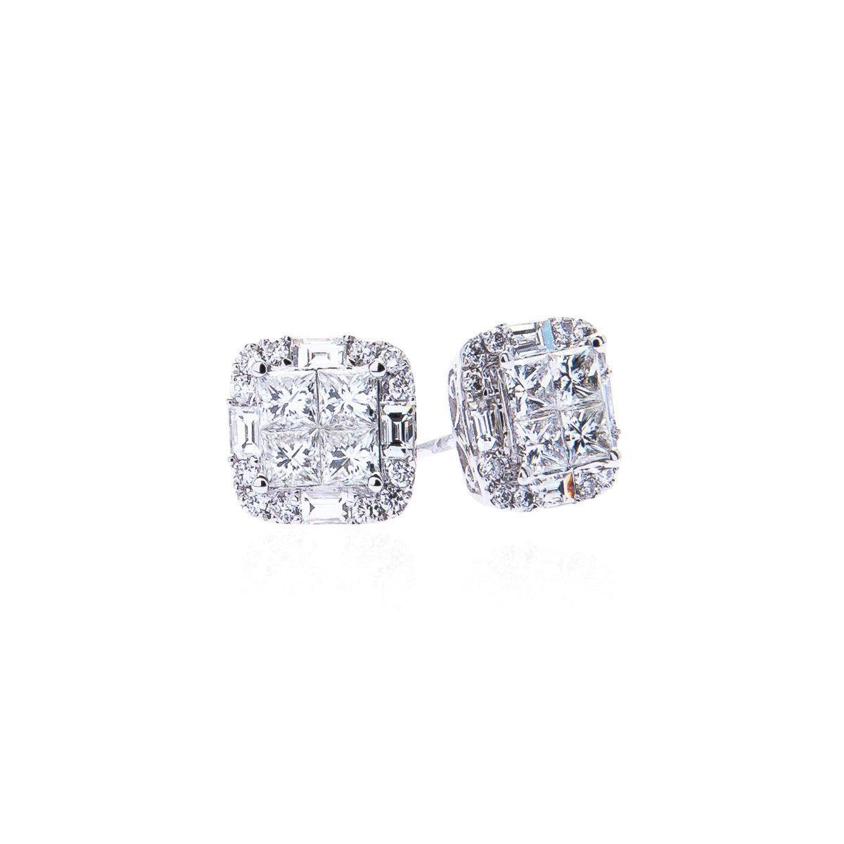 Sabel Collection 14K White Gold Round, Baguette, and Princess Cut Diamond Stud Earrings