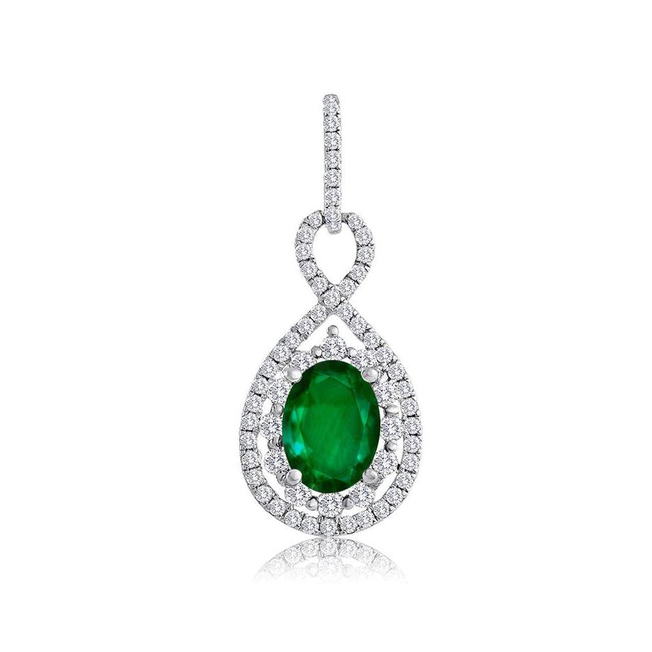 Sabel Collection 14K White Gold Oval Emerald and Diamond Pear Shape Pendant