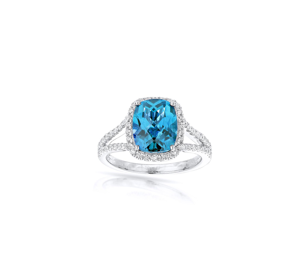 Sabel Collection 14K White Gold Cushion Cut Swiss Blue Topaz and Diamond Halo Ring