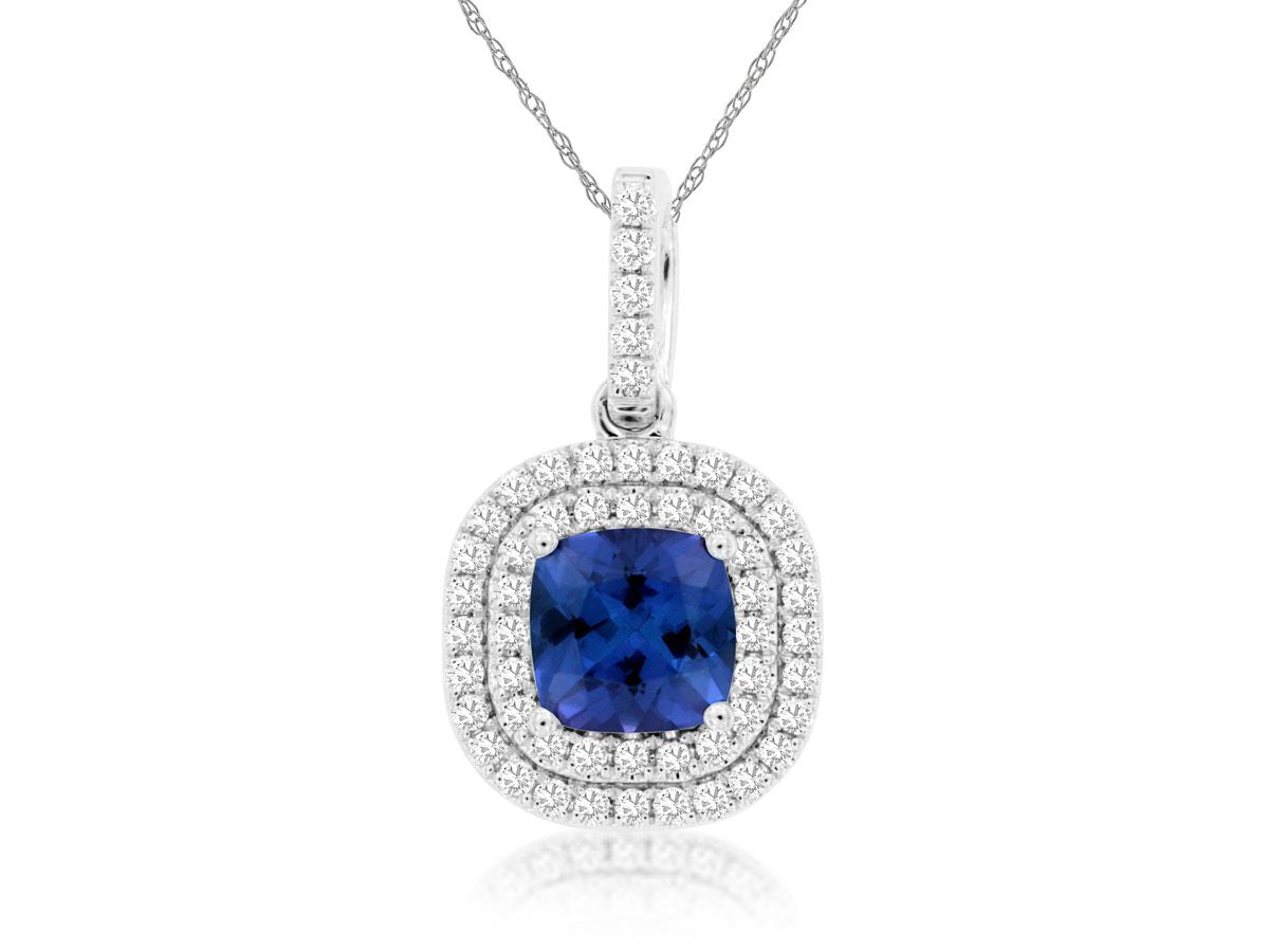 Sabel Collection 14K White Gold Cushion Tanzanite and Diamond Double Halo Pendant