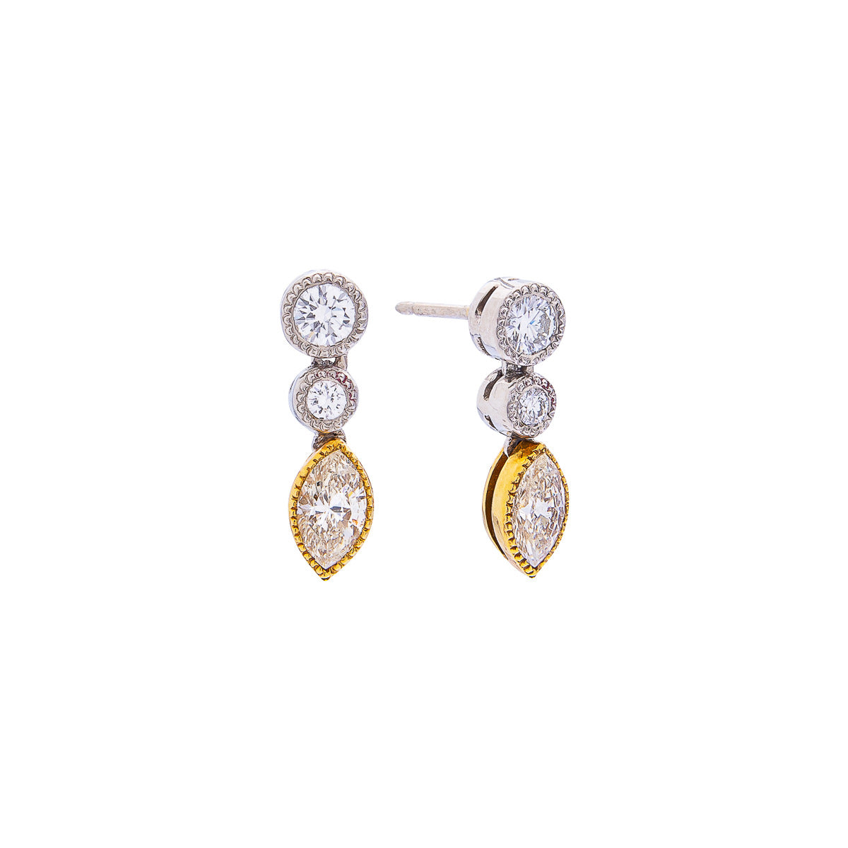 Sabel Collection Platinum and 18K Yellow Gold Three Diamond Drop Dangle Earrings