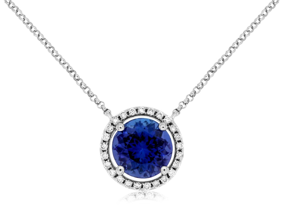 Sabel Collection 14K White Gold Round Tanzanite Pendant with Diamond Halo